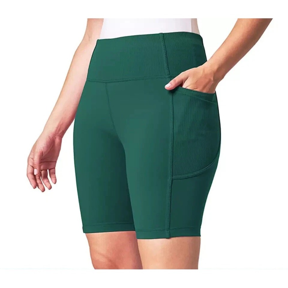 Mondetta Women's High Waist Biker Ribbed Shorts, Green, Size Small, New